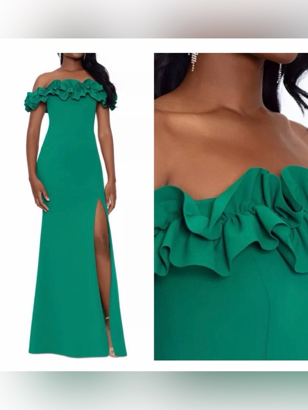 Xscape Emerald One-Shoulder Ruffle Gown with High Slit - Picture 3 of 10